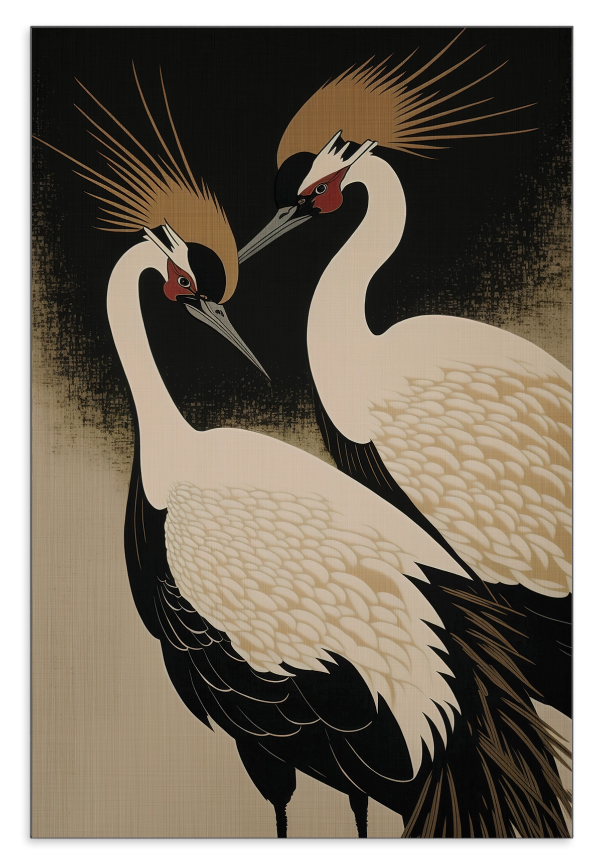 Aluminium Dibond schilderij Japanse kraanvogels: twee gestileerde kraanvogels tegen een zwarte achtergrond.
