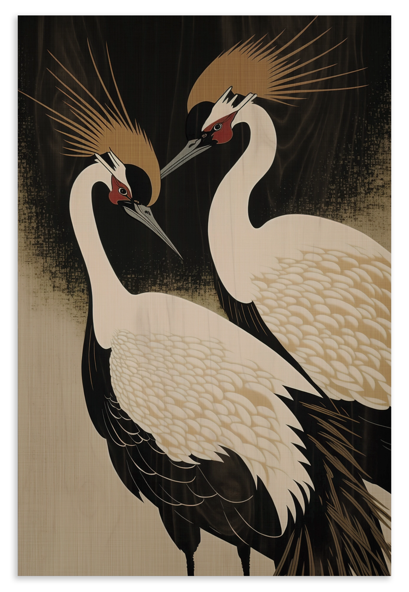 Houten wanddecoratie Japanse kraanvogels: twee gestileerde kraanvogels tegen een zwarte achtergrond.