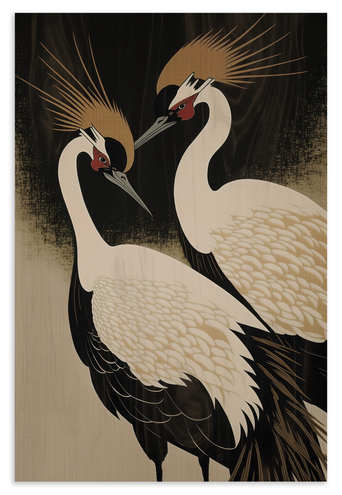 Houten wanddecoratie Japanse kraanvogels: twee gestileerde kraanvogels tegen een zwarte achtergrond.