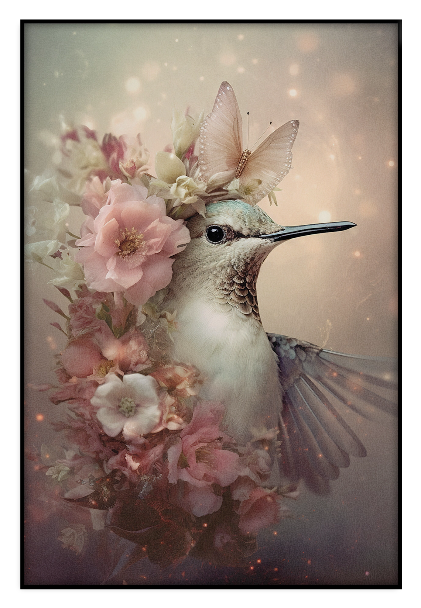Akoestisch paneel Kolibri 2: kolibri met roze bloemen en een vlinder op de kop.
