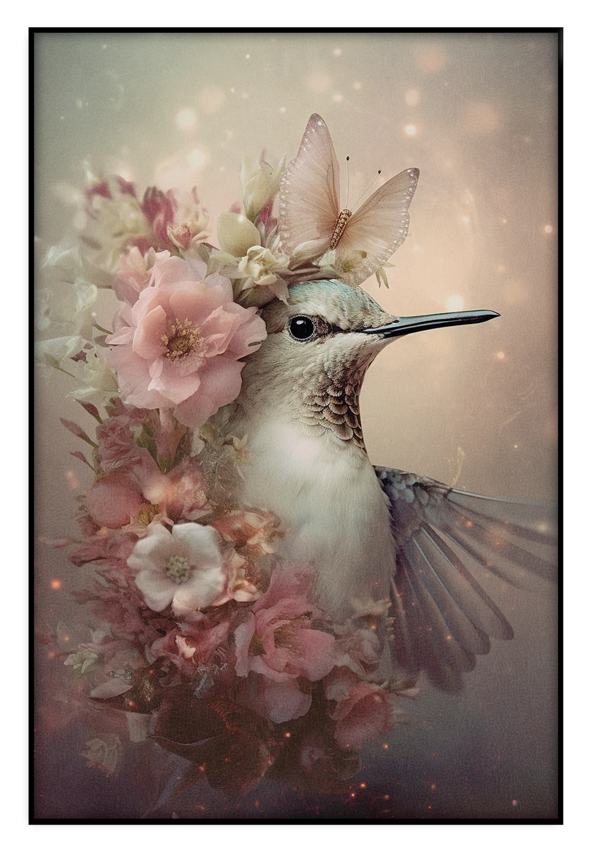 Akoestisch paneel Kolibri 2: kolibri met roze bloemen en een vlinder op de kop.