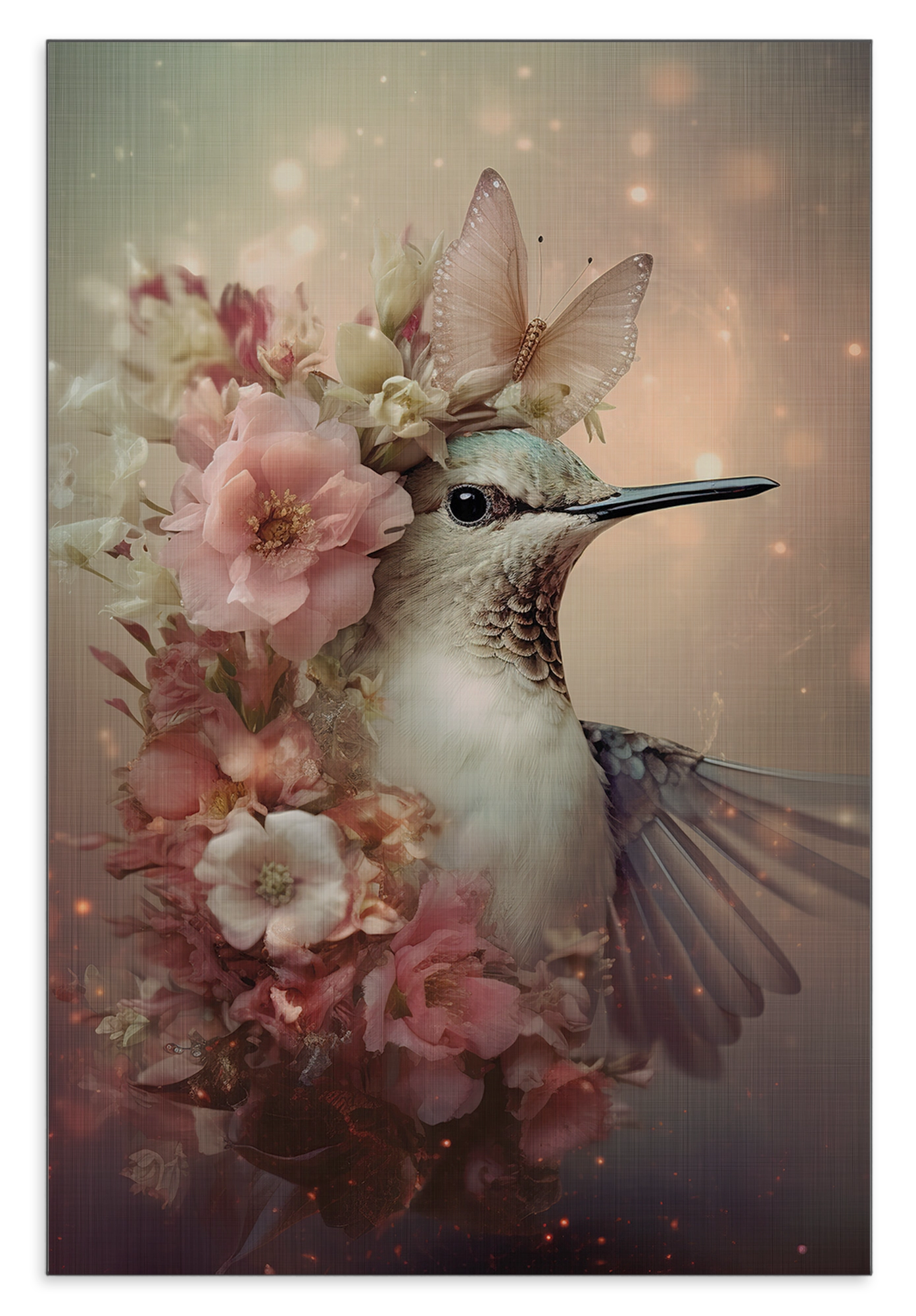 Aluminium Dibond schilderij Kolibri 2: kolibri met roze bloemen en een vlinder op de kop.
