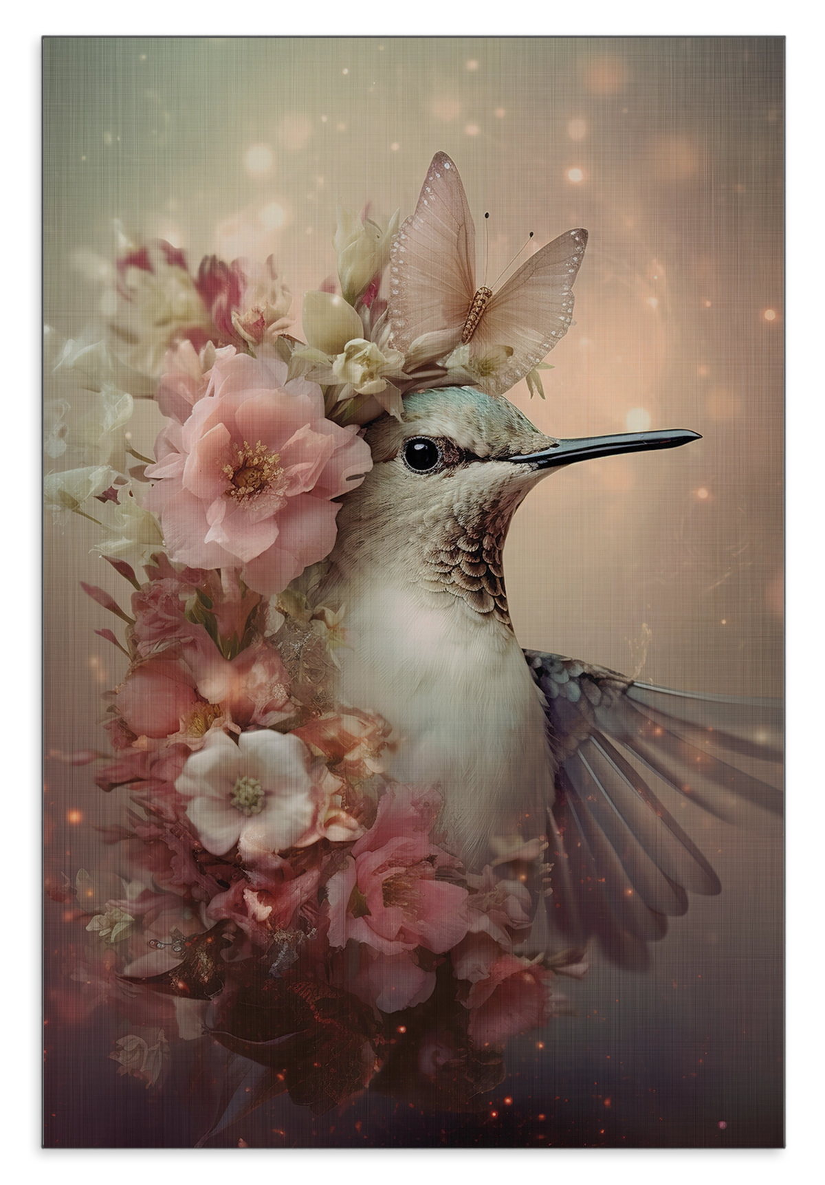 Aluminium Dibond schilderij Kolibri 2: kolibri met roze bloemen en een vlinder op de kop.