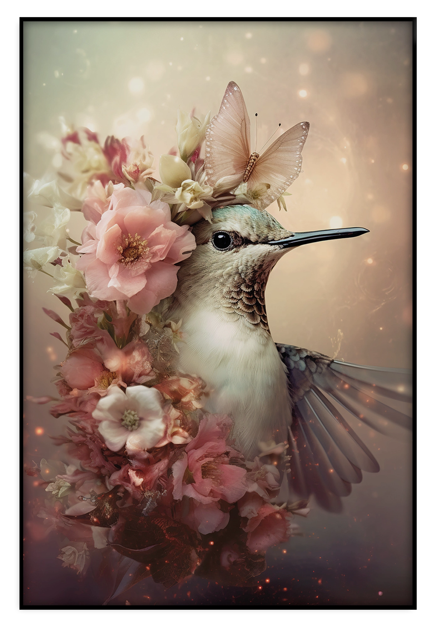 Artframe Kolibri 2: kolibri met roze bloemen en een vlinder op de kop.