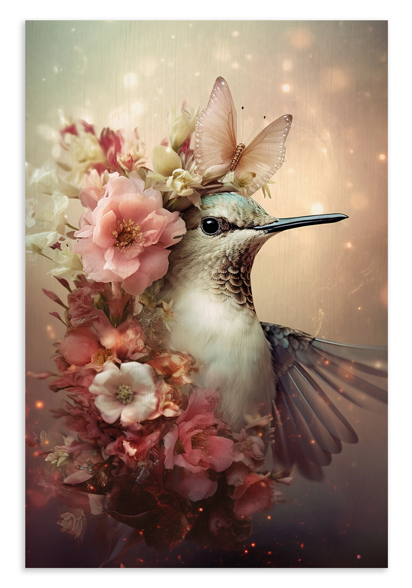 Canvas schilderij Kolibri 2: kolibri met roze bloemen en een vlinder op de kop.