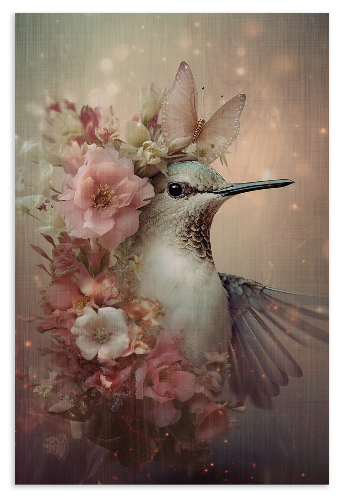 Houten wanddecoratie Kolibri 2: kolibri met roze bloemen en een vlinder op de kop.