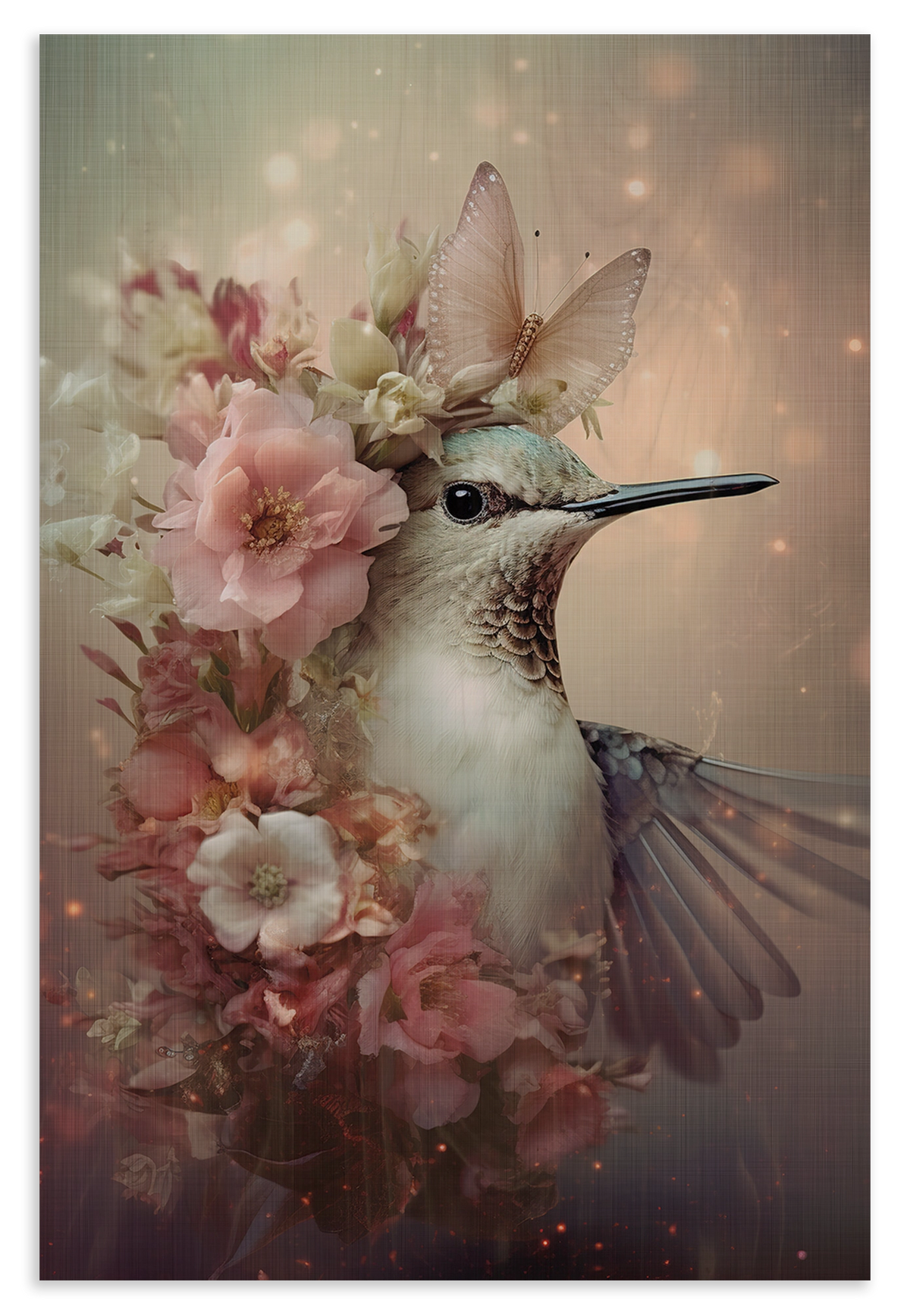 Houten wanddecoratie Kolibri 2: kolibri met roze bloemen en een vlinder op de kop.
