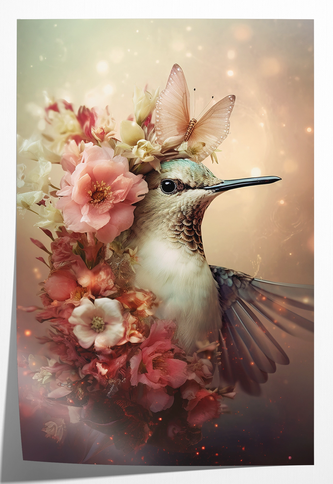 Papieren poster Kolibri 2: kolibri met roze bloemen en een vlinder op de kop.