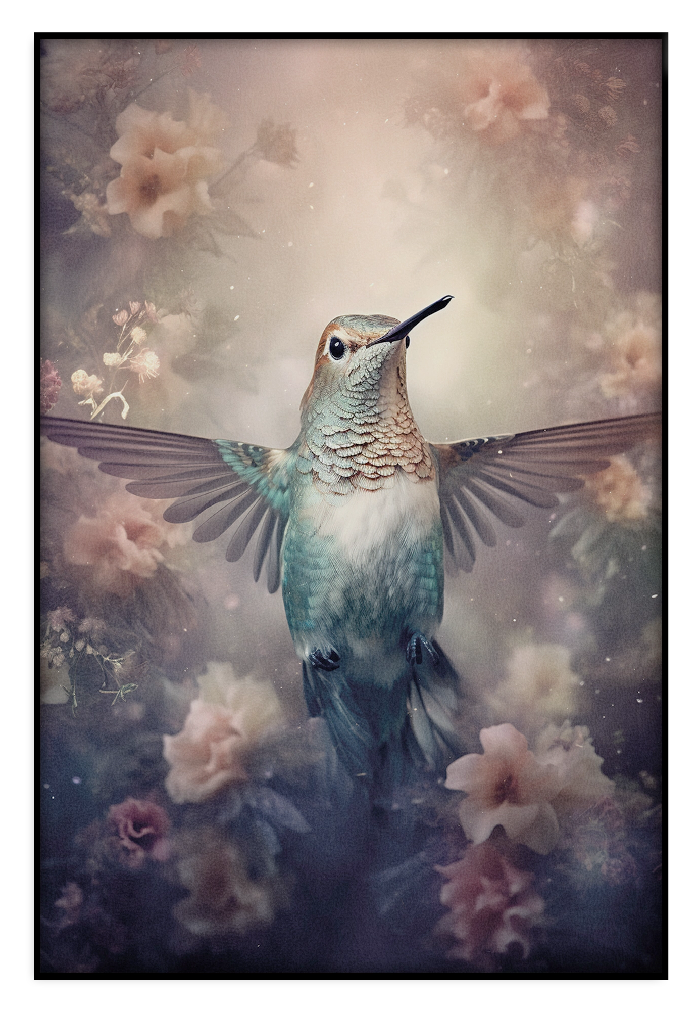 Akoestisch paneel Kolibri: kolibri met gespreide vleugels tussen zachte roze bloemen.
