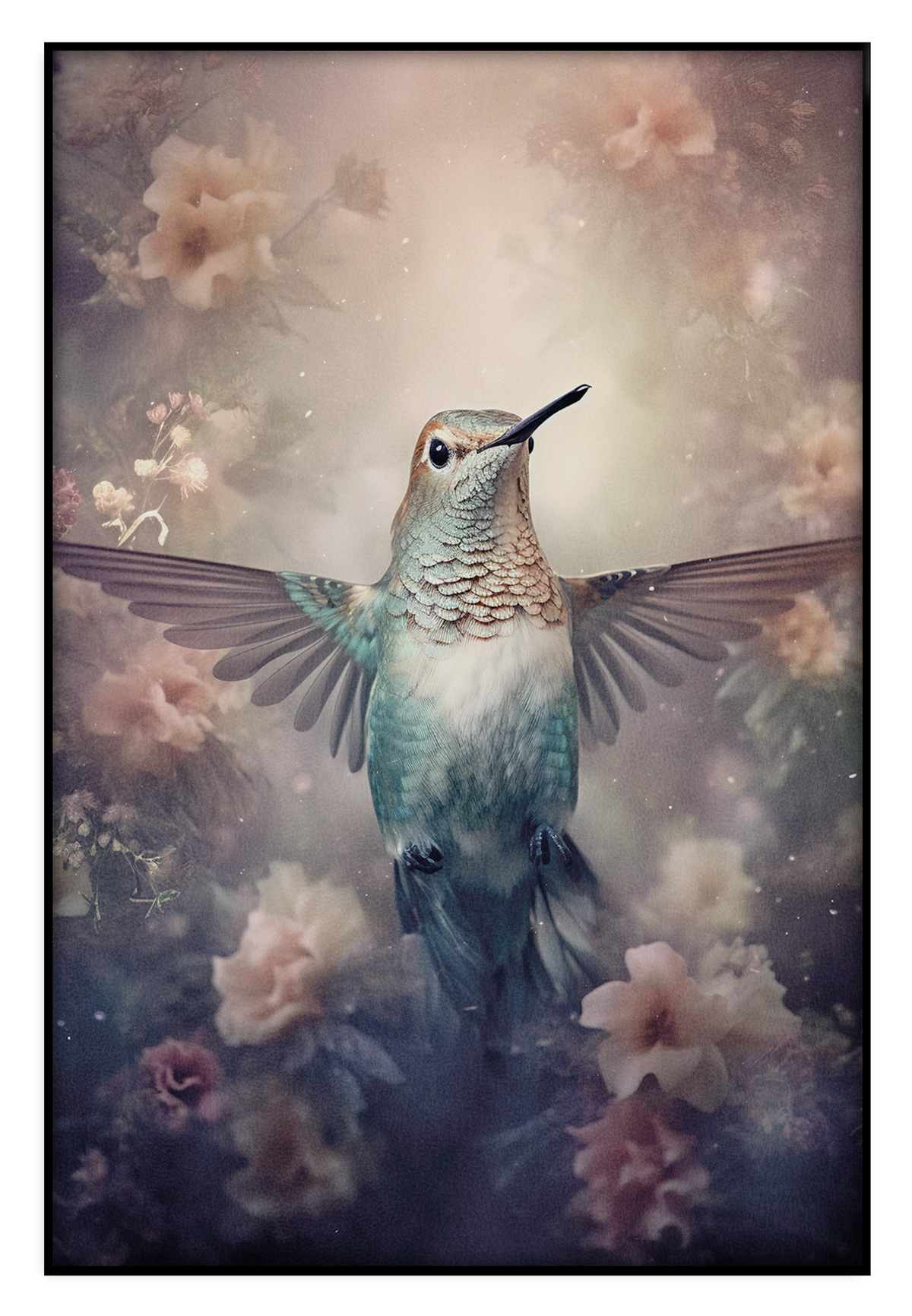 Akoestisch paneel Kolibri: kolibri met gespreide vleugels tussen zachte roze bloemen.