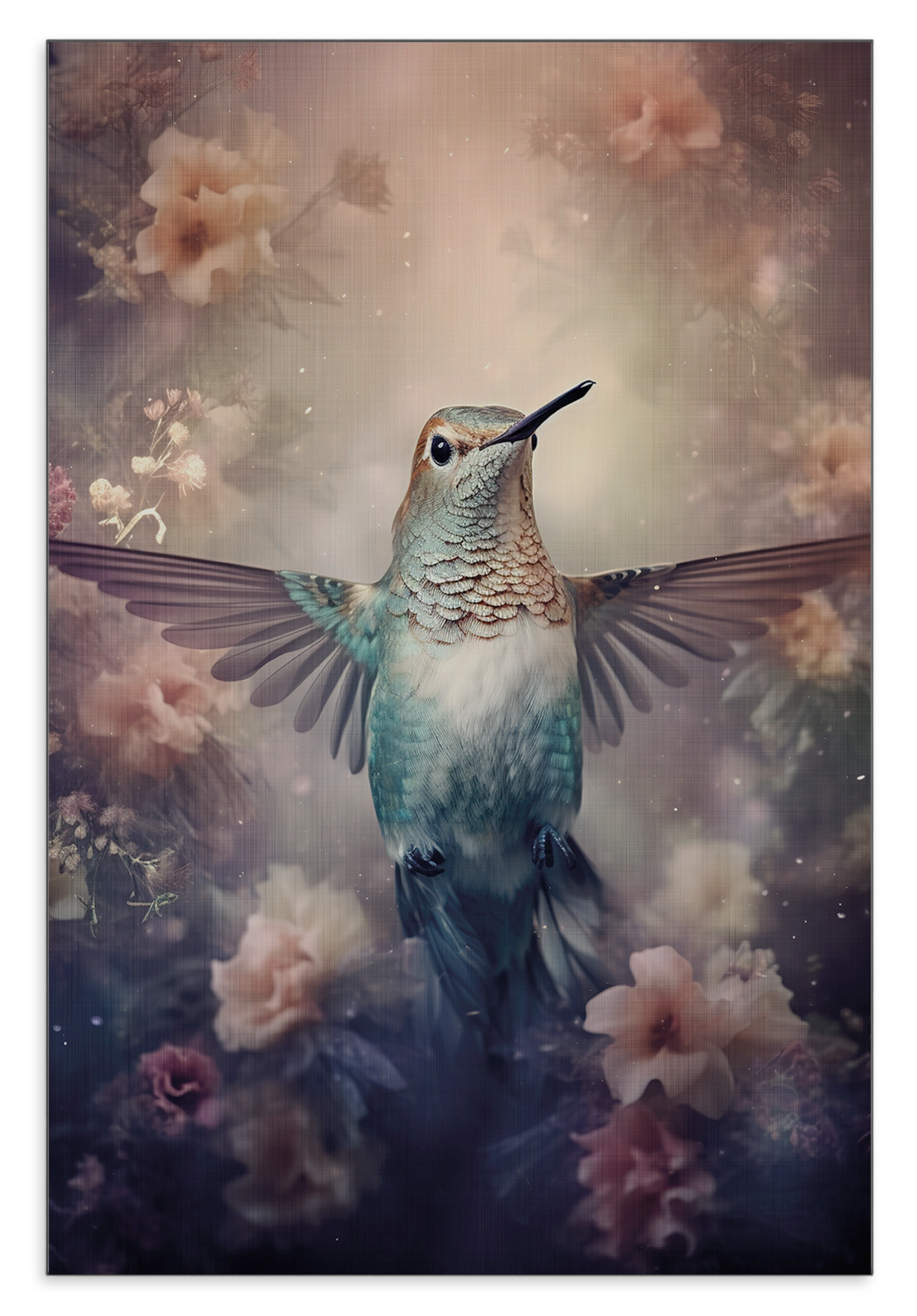 Aluminium Dibond schilderij Kolibri: kolibri met gespreide vleugels tussen zachte roze bloemen.