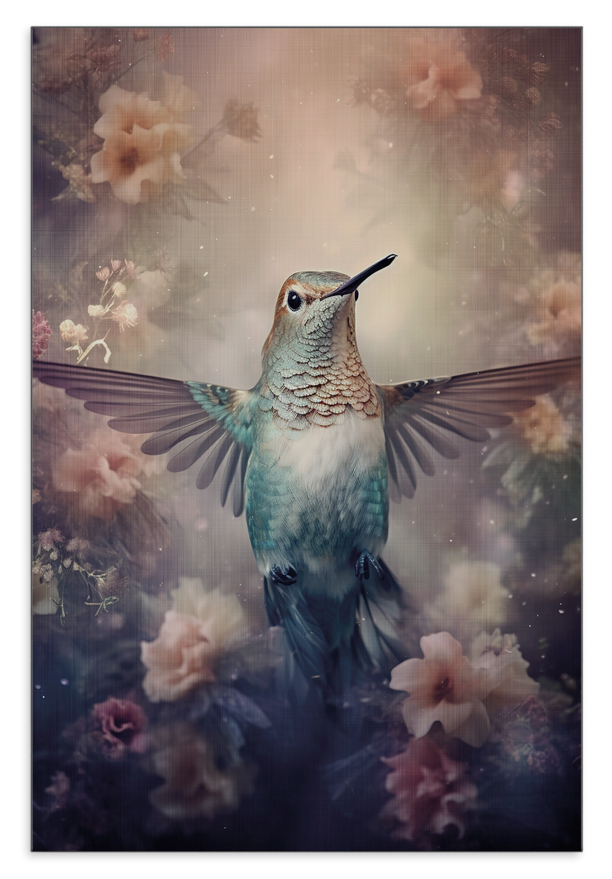 Aluminium Dibond schilderij Kolibri: kolibri met gespreide vleugels tussen zachte roze bloemen.