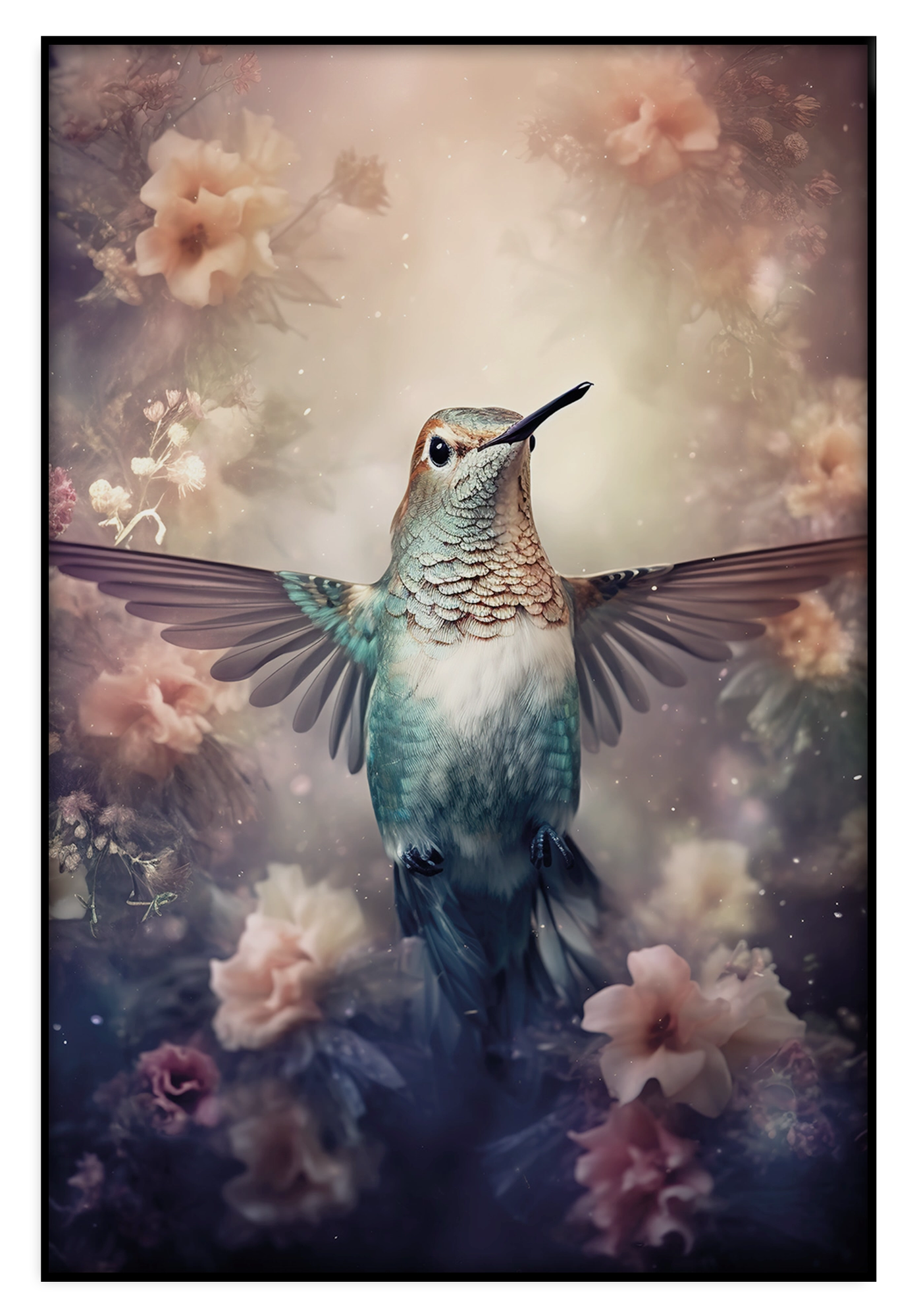 Artframe Kolibri: kolibri met gespreide vleugels tussen zachte roze bloemen.