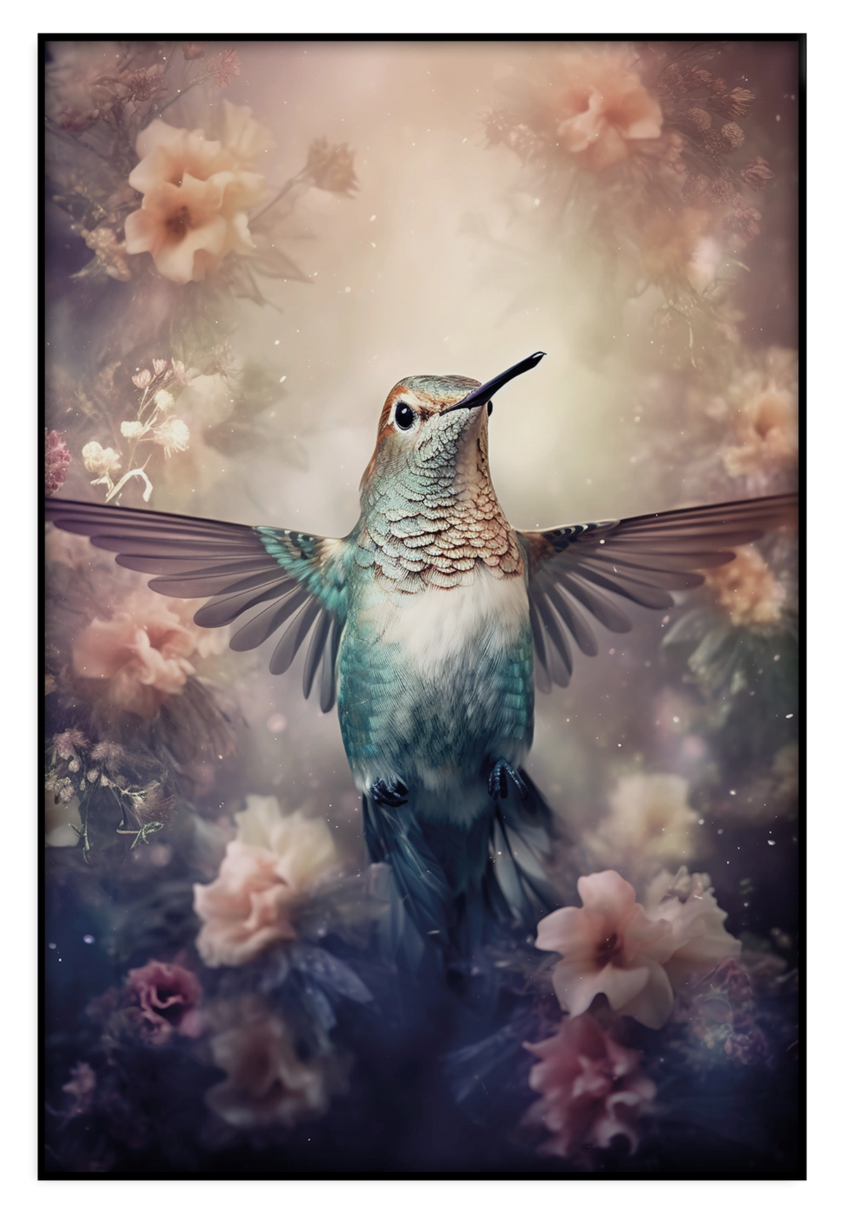 Artframe Kolibri: kolibri met gespreide vleugels tussen zachte roze bloemen.