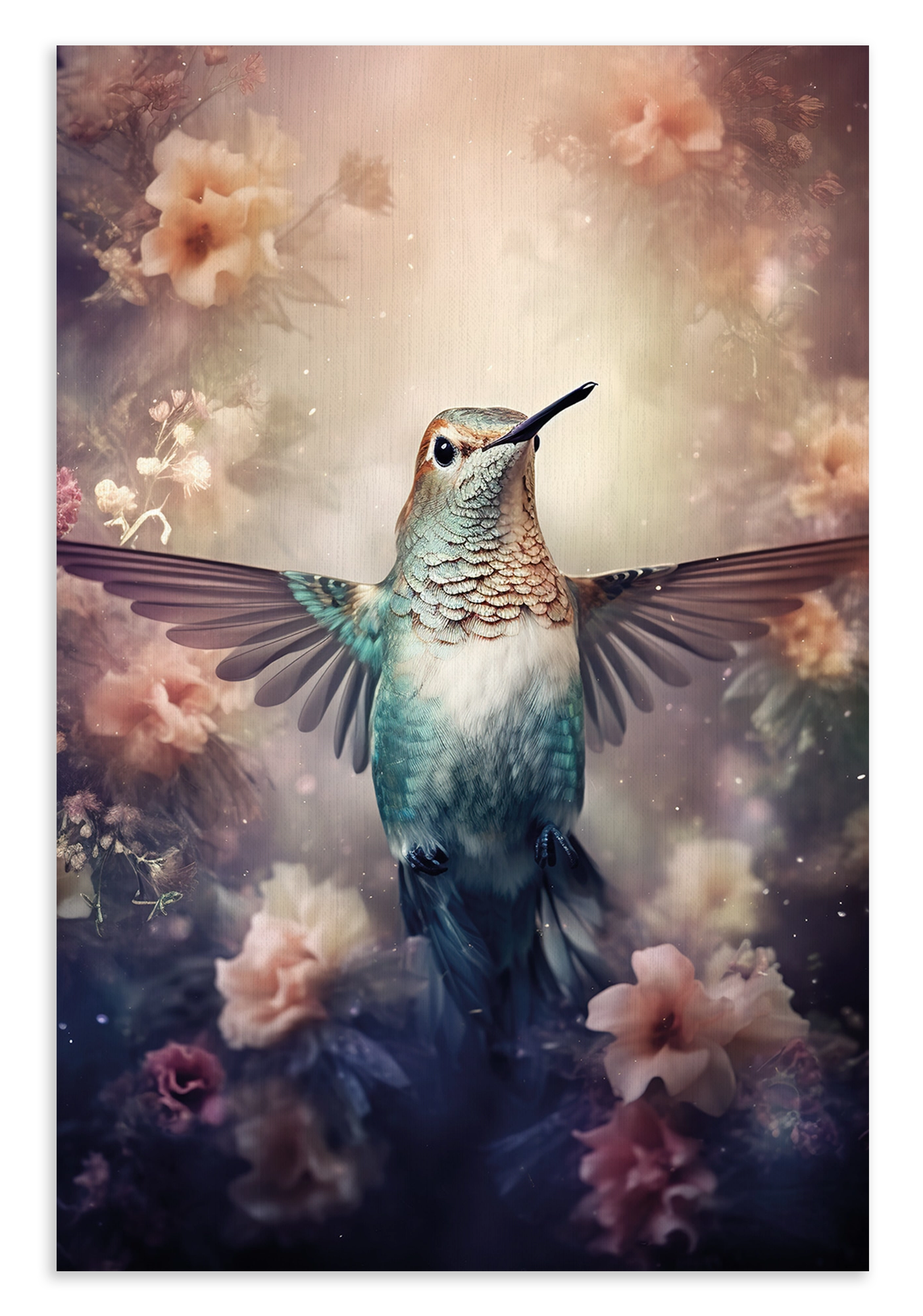 Canvas schilderij Kolibri: kolibri met gespreide vleugels tussen zachte roze bloemen.