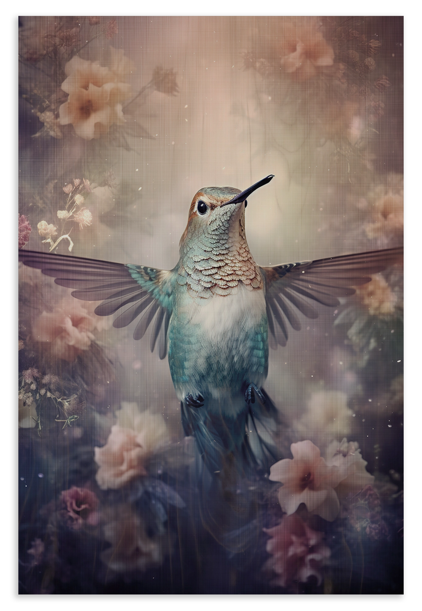 Houten wanddecoratie Kolibri: kolibri met gespreide vleugels tussen zachte roze bloemen.