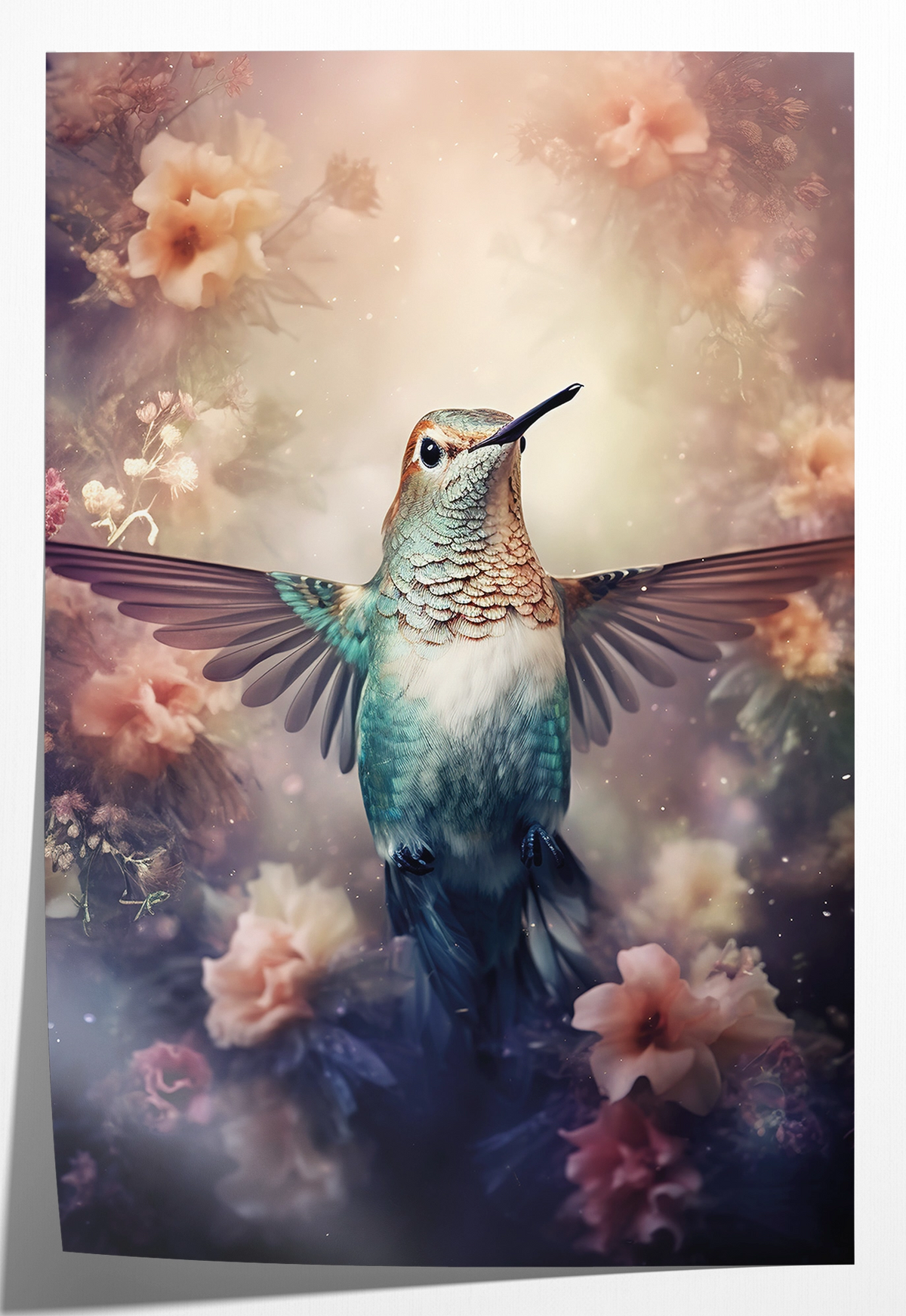 Papieren poster Kolibri: kolibri met gespreide vleugels tussen zachte roze bloemen.