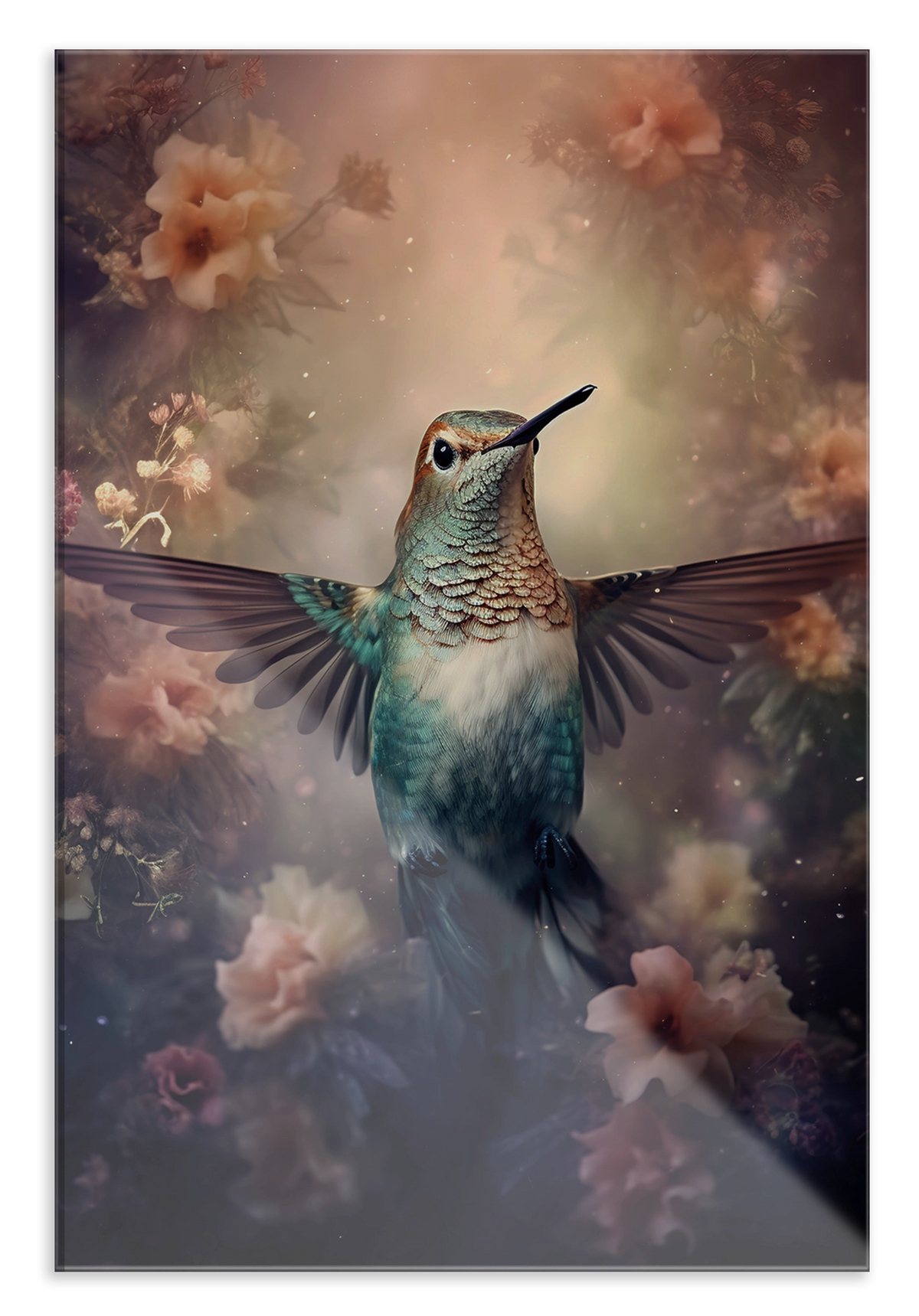 Plexiglas schilderij Kolibri: kolibri met gespreide vleugels tussen zachte roze bloemen.