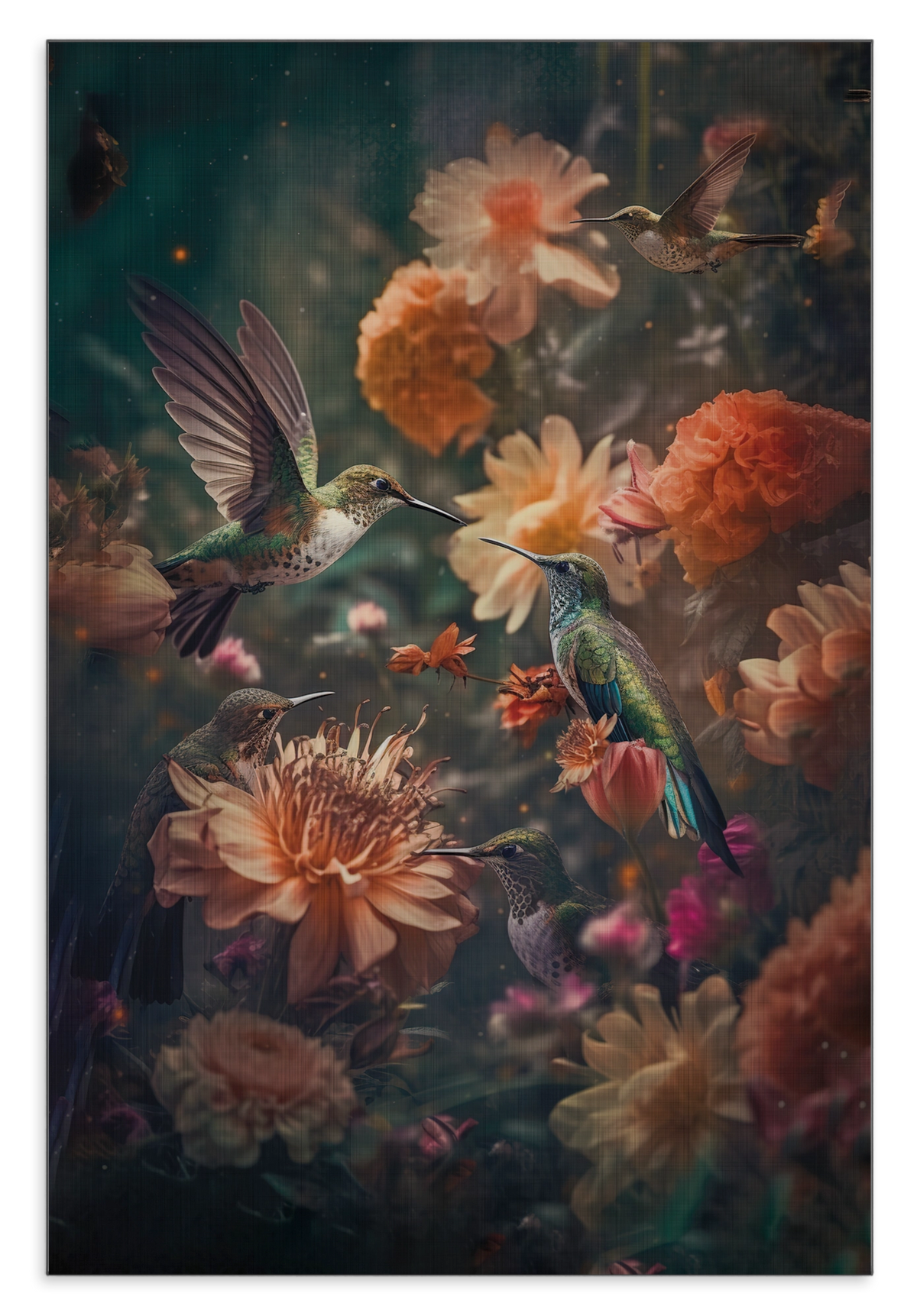 Aluminium Dibond schilderij Kolibries 2: kolibries tussen kleurrijke oranje en roze bloemen.