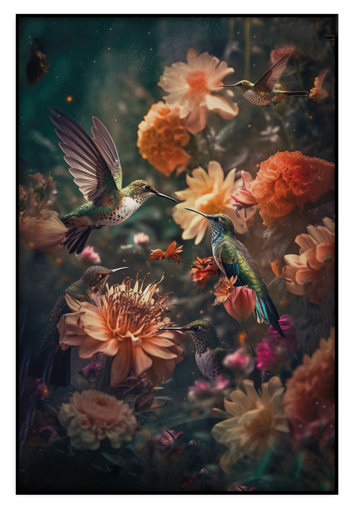Artframe Kolibries 2: kolibries tussen kleurrijke oranje en roze bloemen.