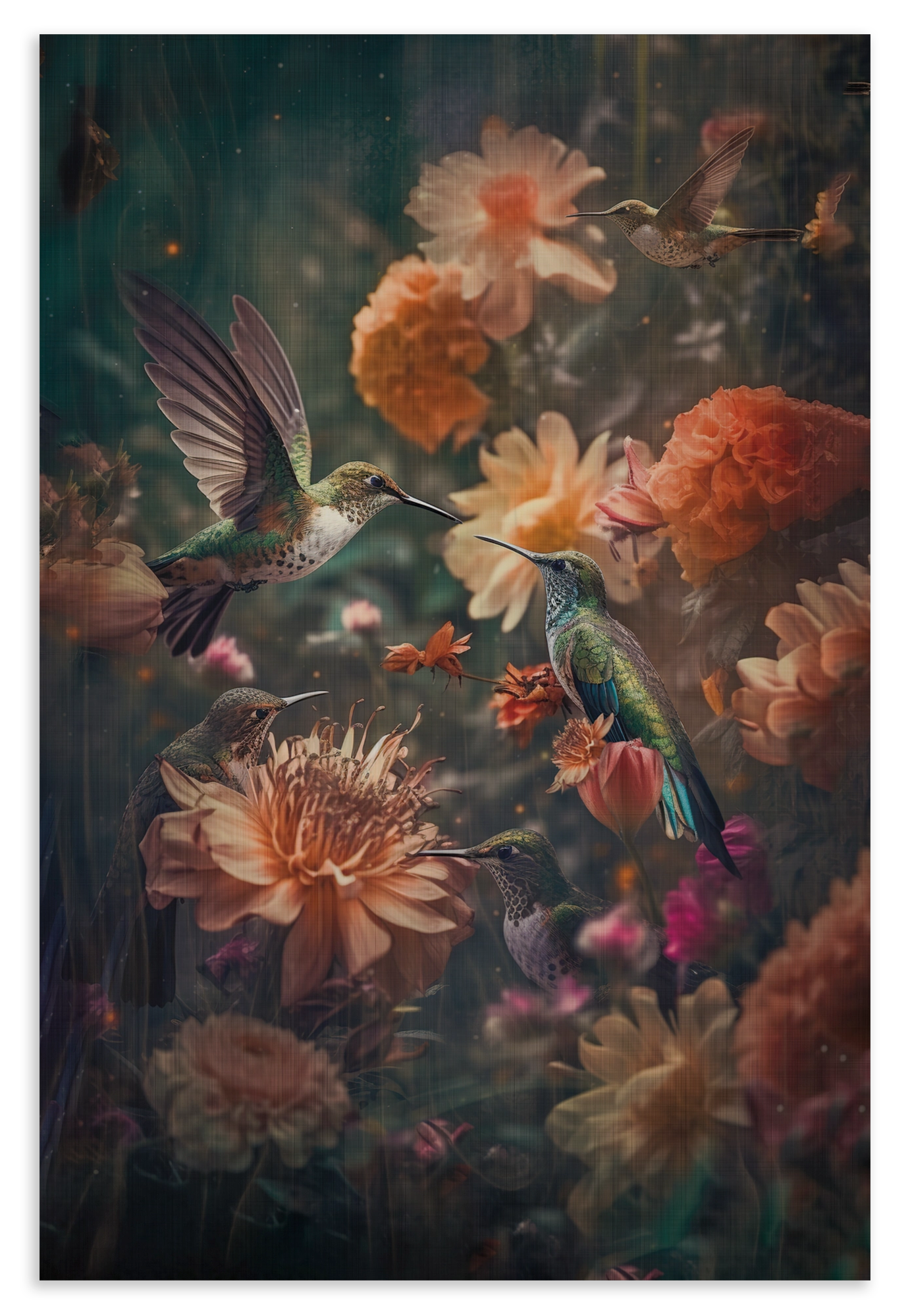 Houten wanddecoratie Kolibries 2: kolibries tussen kleurrijke oranje en roze bloemen.