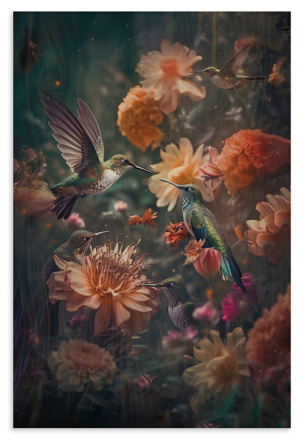 Houten wanddecoratie Kolibries 2: kolibries tussen kleurrijke oranje en roze bloemen.