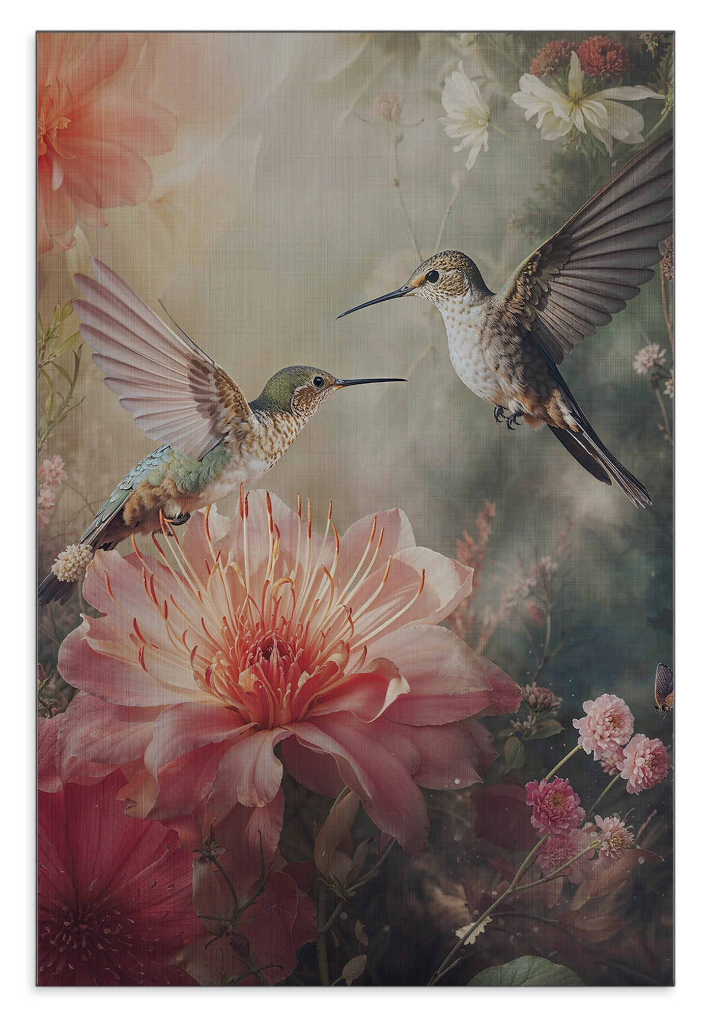 Aluminium Dibond schilderij Kolibries 4: twee kolibries boven grote roze bloemen.