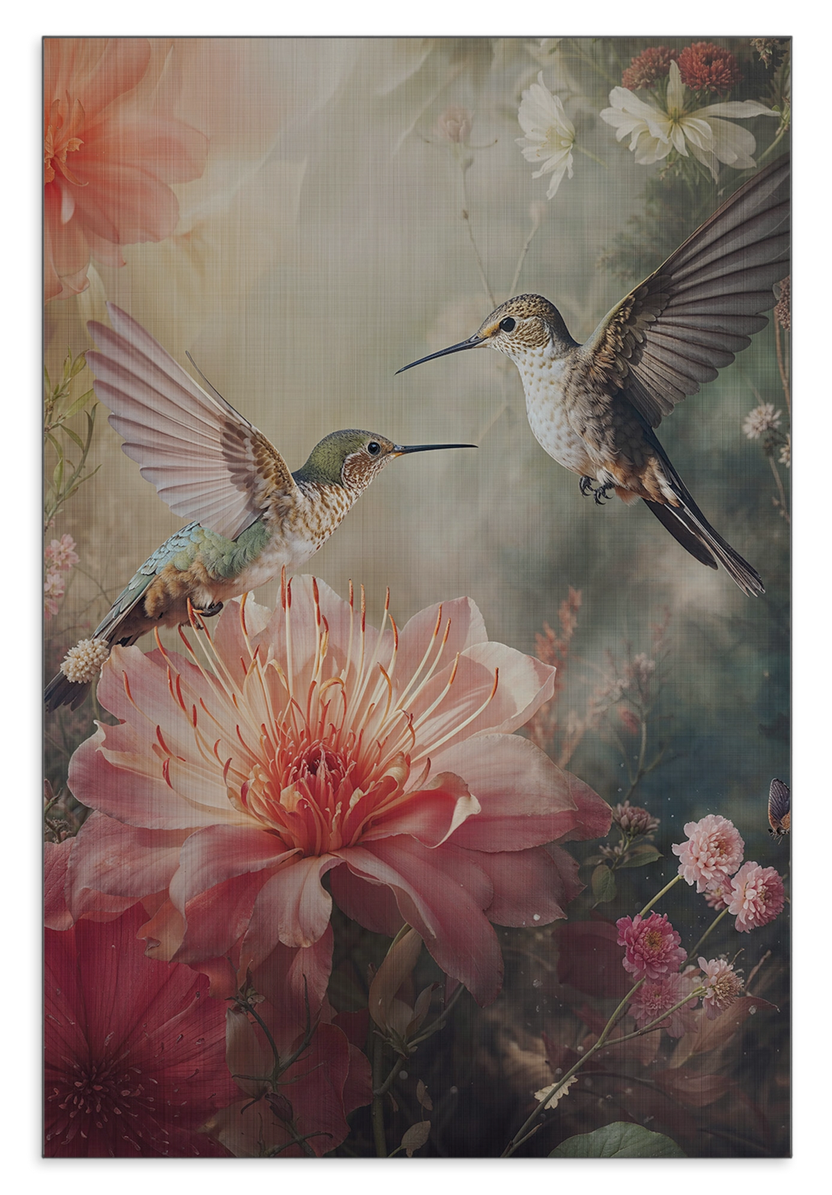 Aluminium Dibond schilderij Kolibries 4: twee kolibries boven grote roze bloemen.