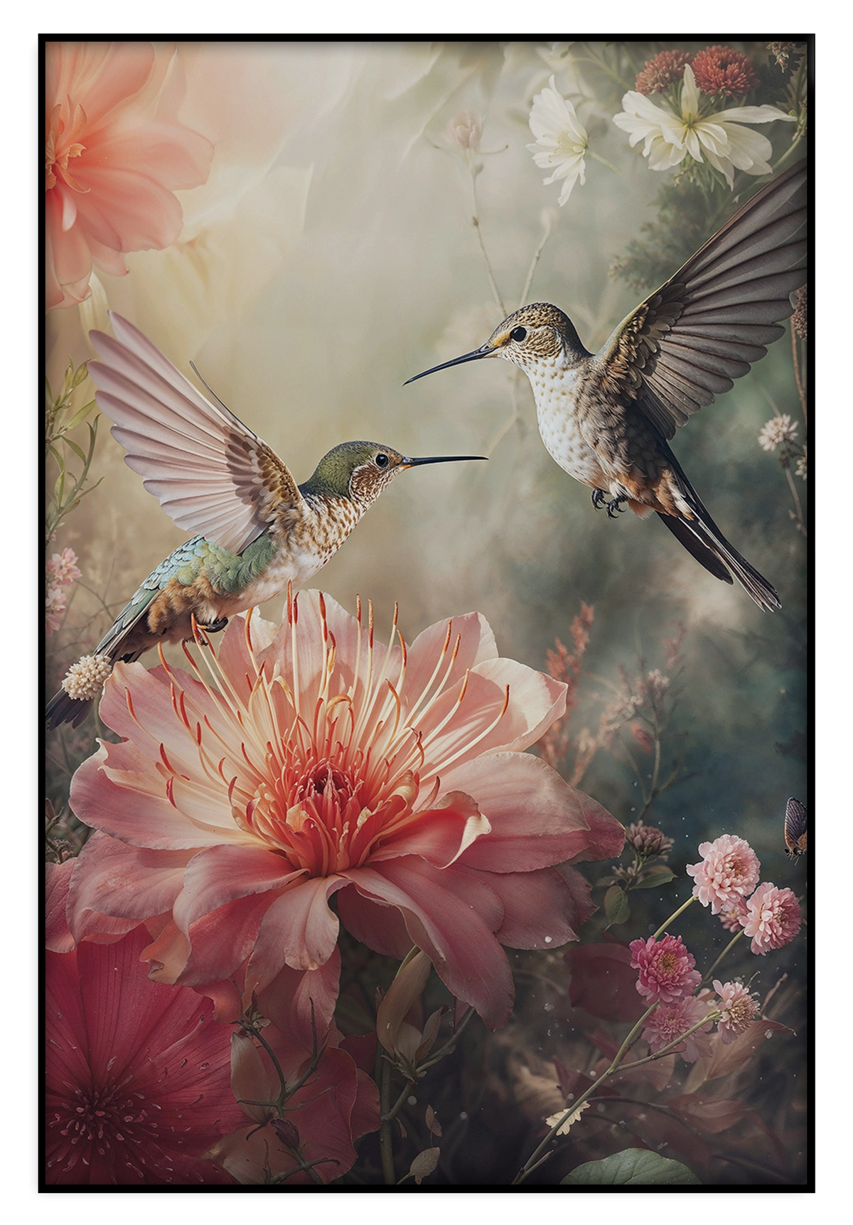 Artframe Kolibries 4: twee kolibries boven grote roze bloemen.