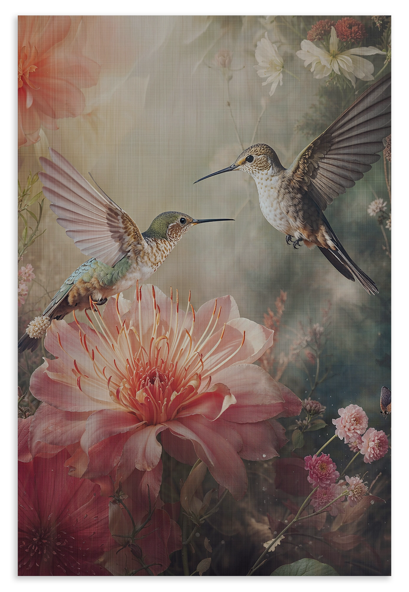 Houten wanddecoratie Kolibries 4: twee kolibries boven grote roze bloemen.