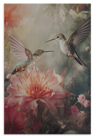 Houten wanddecoratie Kolibries 4: twee kolibries boven grote roze bloemen.