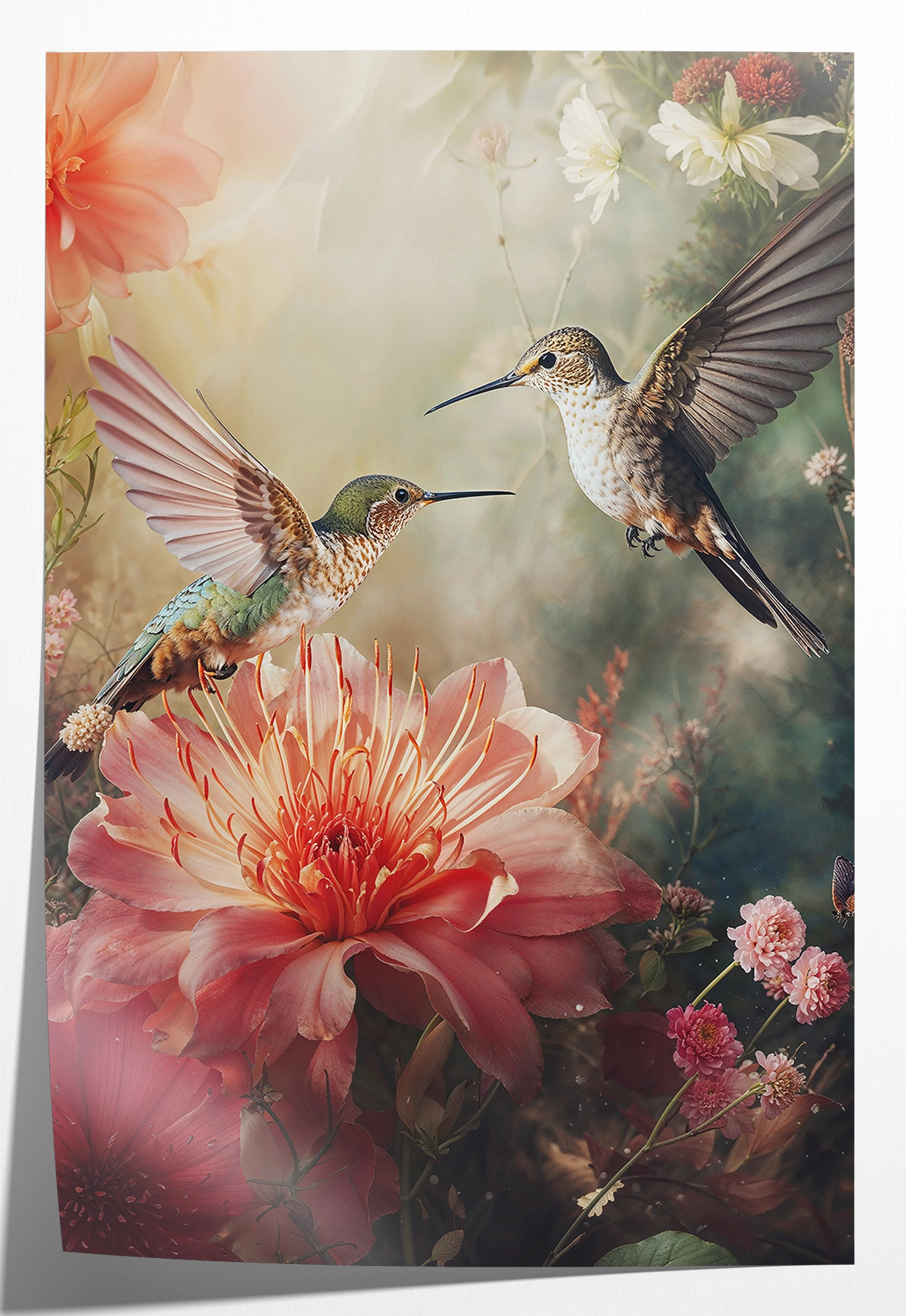 Papieren poster Kolibries 4: twee kolibries boven grote roze bloemen.