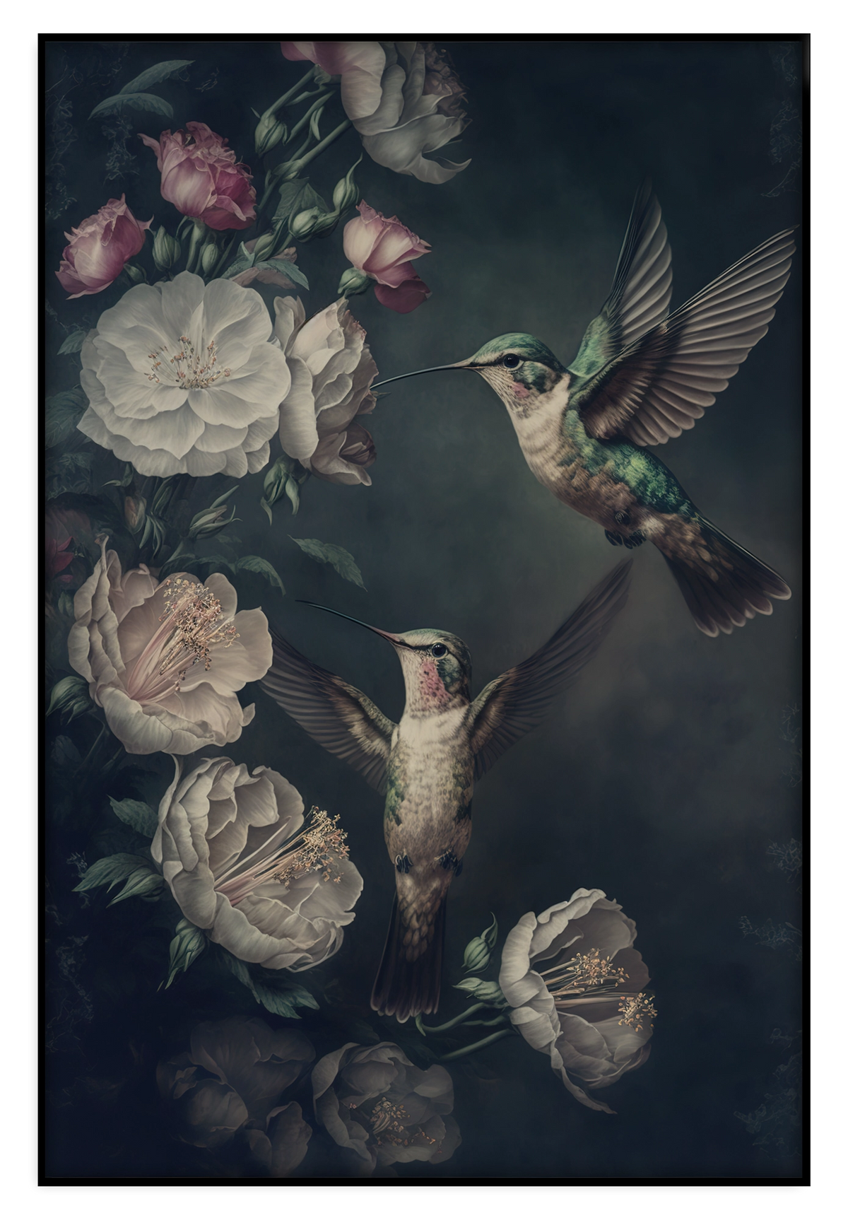 Artframe Kolibries: twee vliegende kolibries tussen witte en roze rozen.