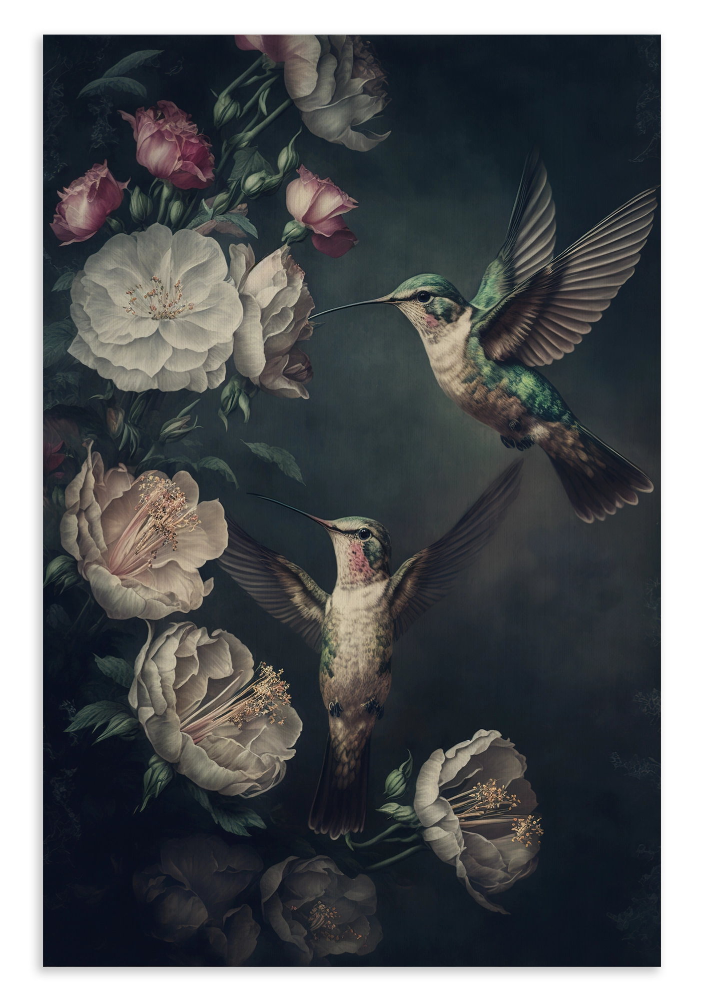 Canvas schilderij Kolibries: twee vliegende kolibries tussen witte en roze rozen.