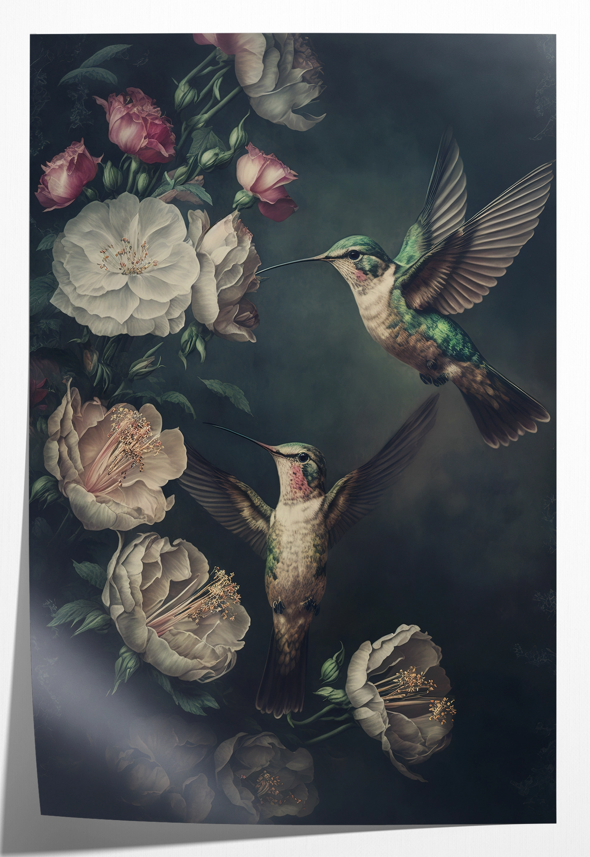Papieren poster Kolibries: twee vliegende kolibries tussen witte en roze rozen.