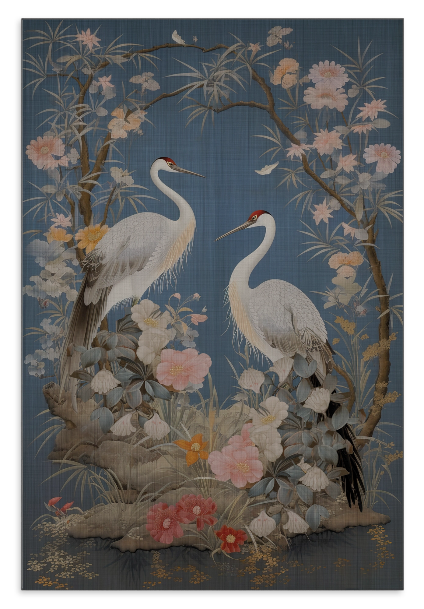 Aluminium Dibond schilderij Crane Vogels: twee witte kraanvogels tussen bloemen op een blauwe achtergrond.