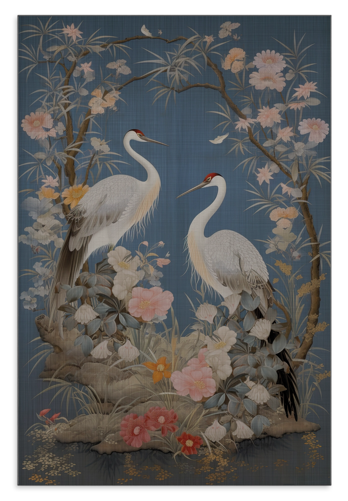 Aluminium Dibond schilderij Crane Vogels: twee witte kraanvogels tussen bloemen op een blauwe achtergrond.