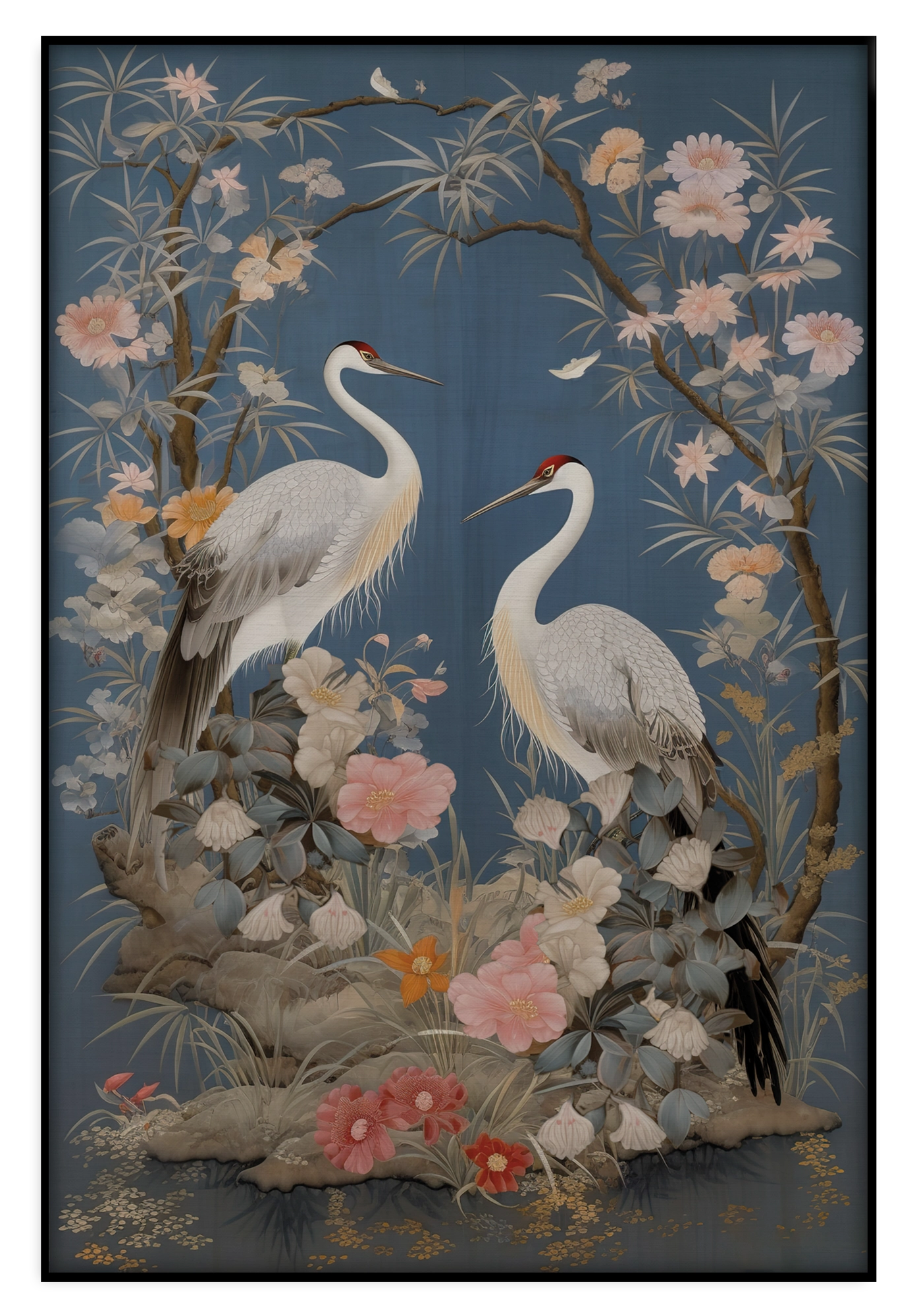 Artframe Crane Vogels: twee witte kraanvogels tussen bloemen op een blauwe achtergrond.