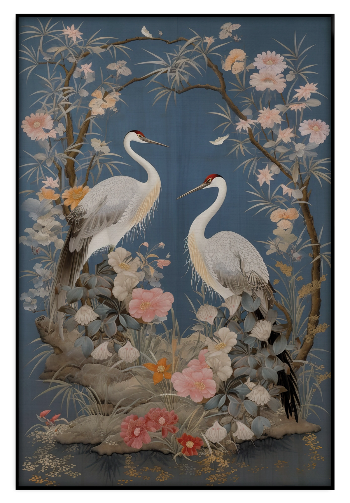 Artframe Crane Vogels: twee witte kraanvogels tussen bloemen op een blauwe achtergrond.