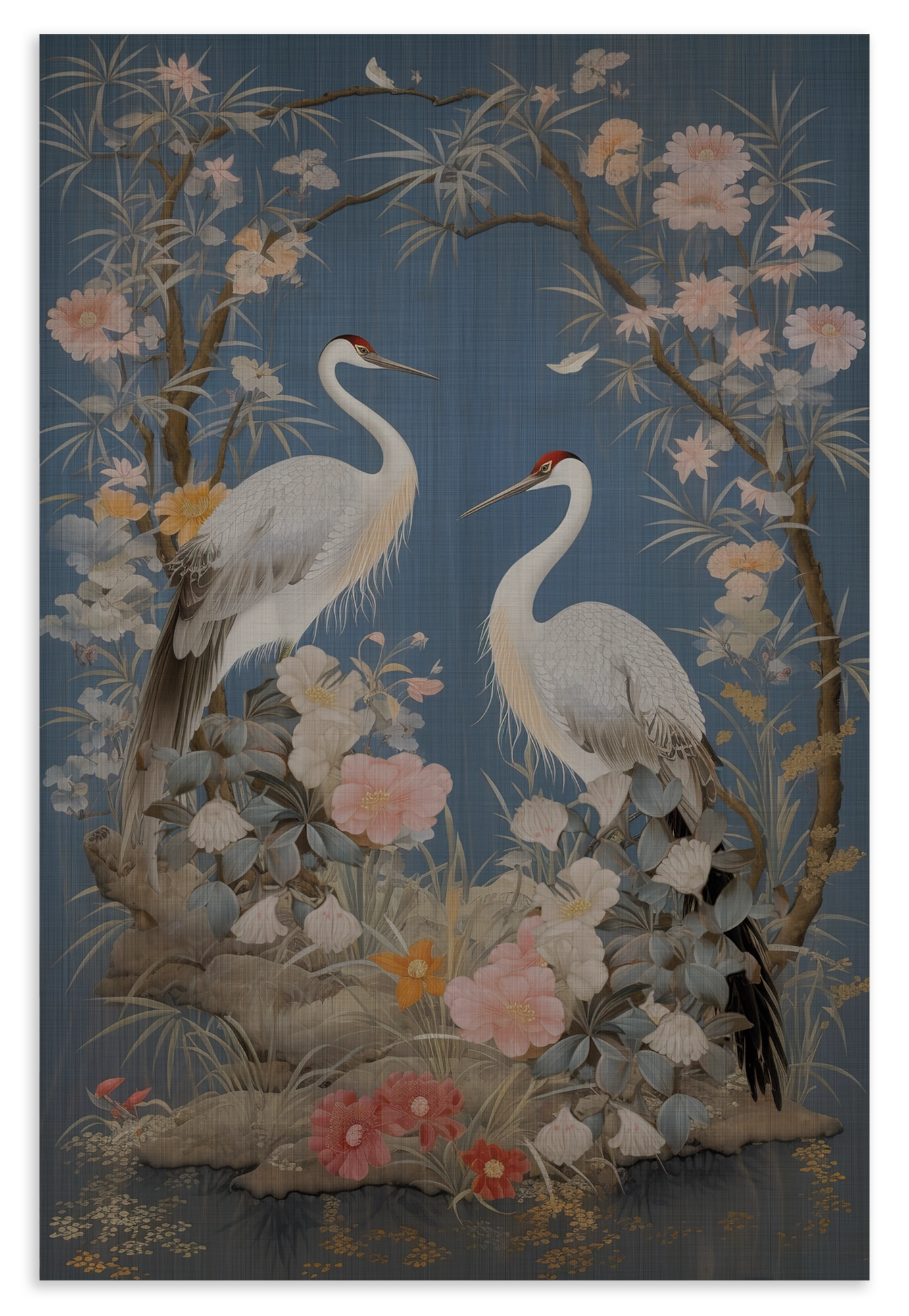 Houten wanddecoratie Crane Vogels: twee witte kraanvogels tussen bloemen op een blauwe achtergrond.