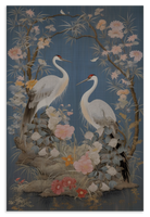 Houten wanddecoratie Crane Vogels: twee witte kraanvogels tussen bloemen op een blauwe achtergrond.