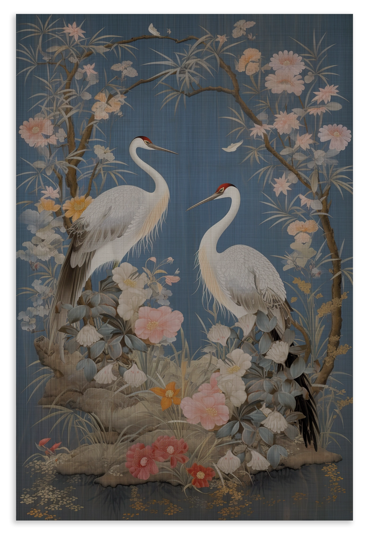Houten wanddecoratie Crane Vogels: twee witte kraanvogels tussen bloemen op een blauwe achtergrond.