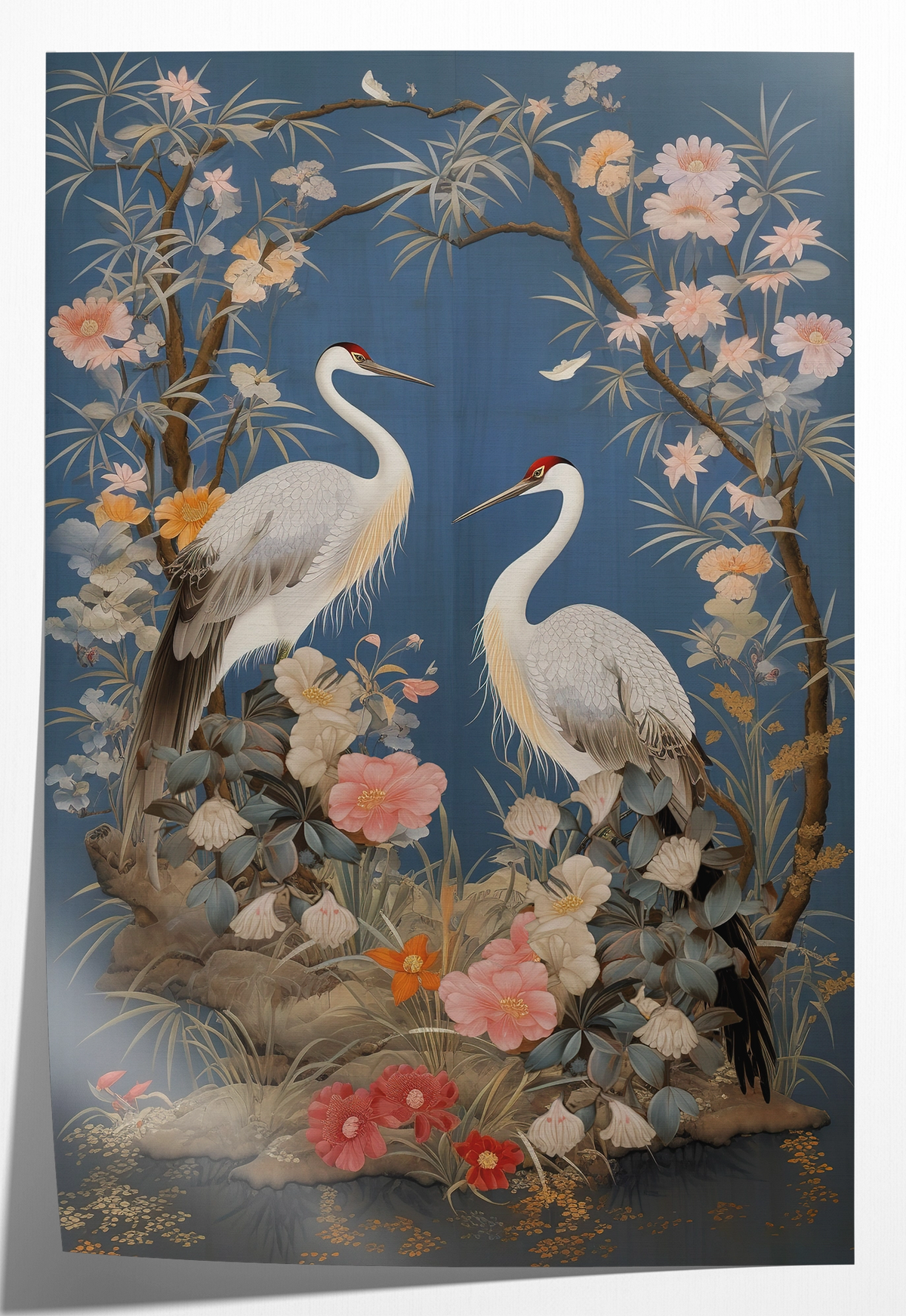 Papieren poster Crane Vogels: twee witte kraanvogels tussen bloemen op een blauwe achtergrond.