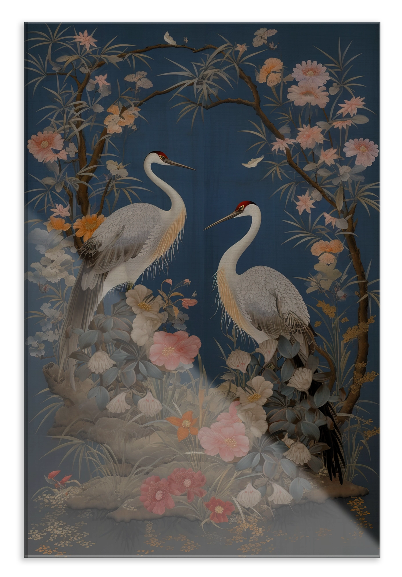 Plexiglas schilderij Crane Vogels: twee witte kraanvogels tussen bloemen op een blauwe achtergrond.