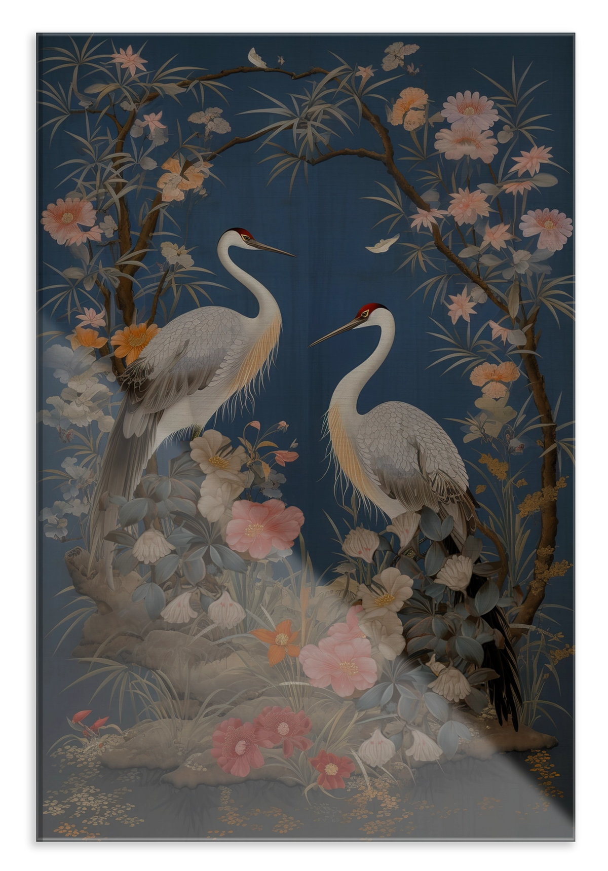Plexiglas schilderij Crane Vogels: twee witte kraanvogels tussen bloemen op een blauwe achtergrond.