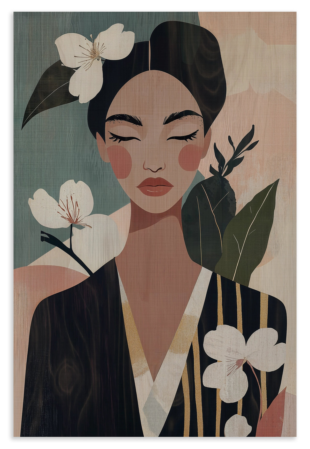 Houten wanddecoratie Lucy: vrouw met gesloten ogen tussen witte bloemen en groene bladeren.