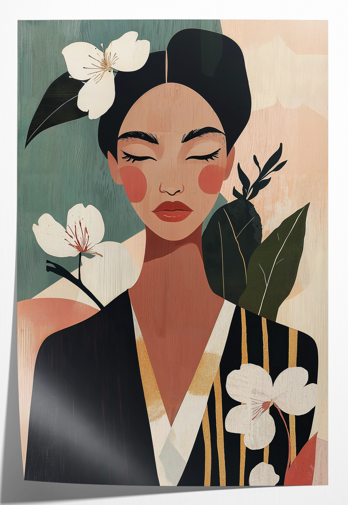 Papieren poster Lucy: vrouw met gesloten ogen tussen witte bloemen en groene bladeren.