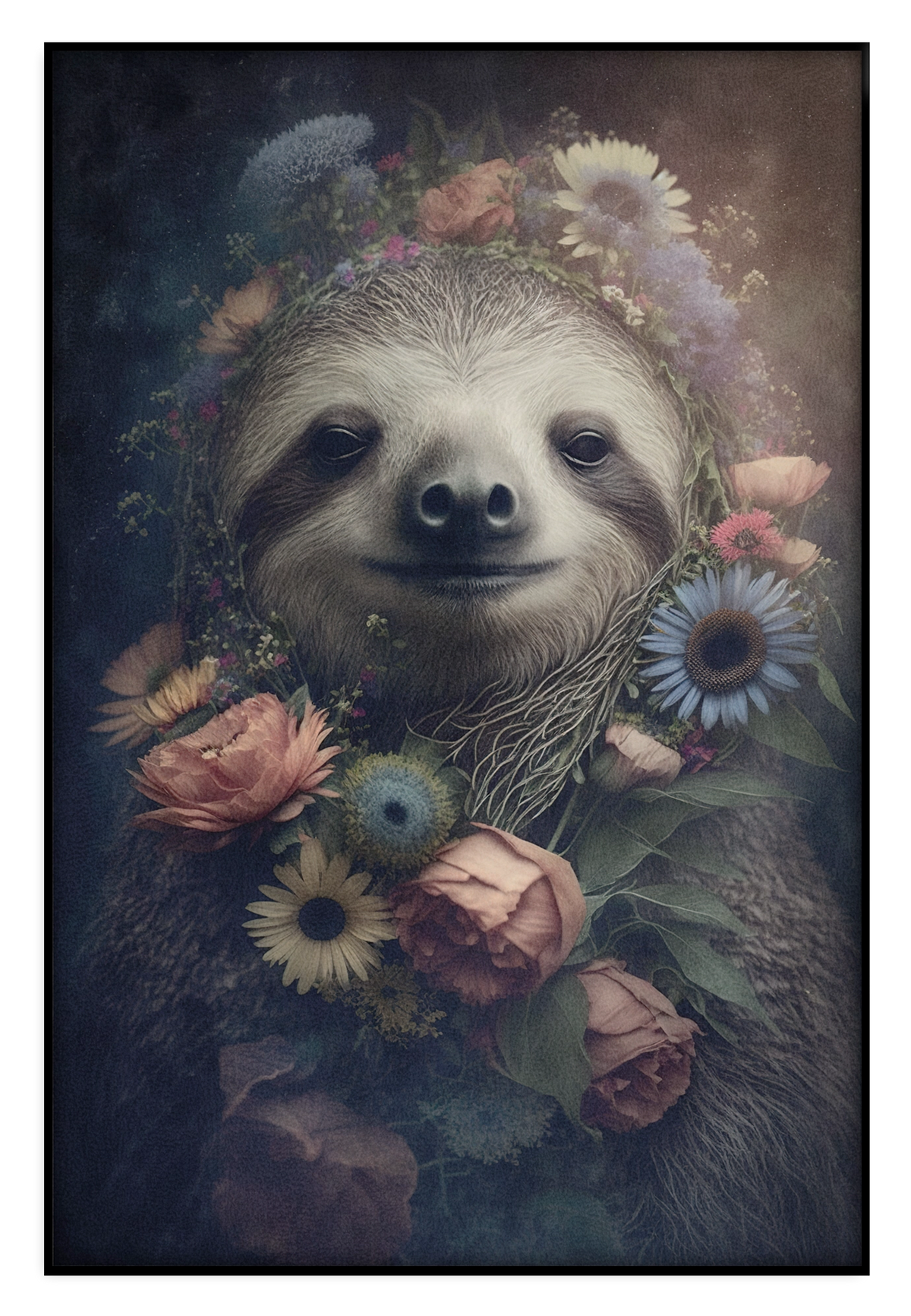 Akoestisch paneel Sloth: luiaard tussen roze en blauwe bloemen.