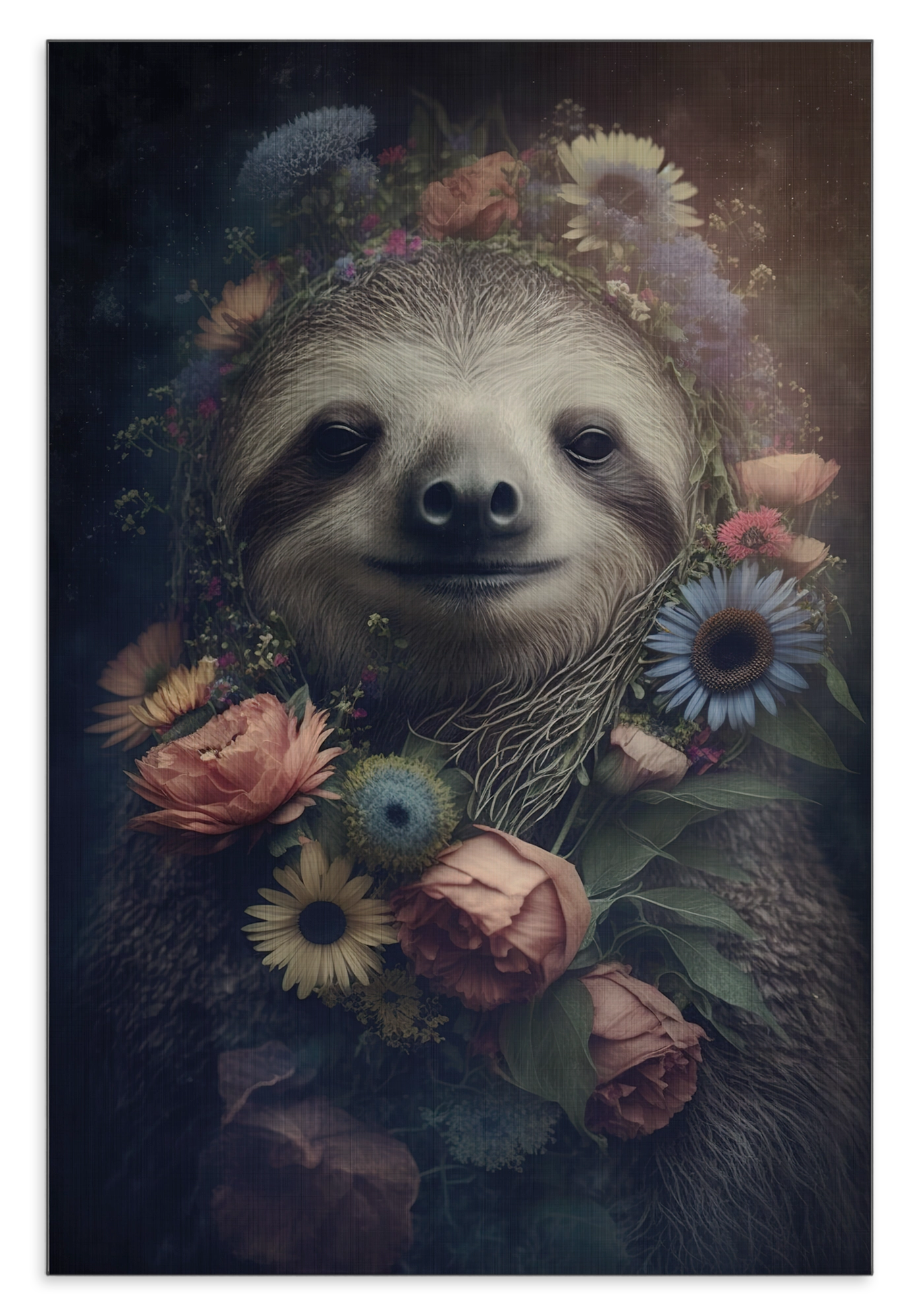 Aluminium Dibond schilderij Sloth: luiaard tussen roze en blauwe bloemen.