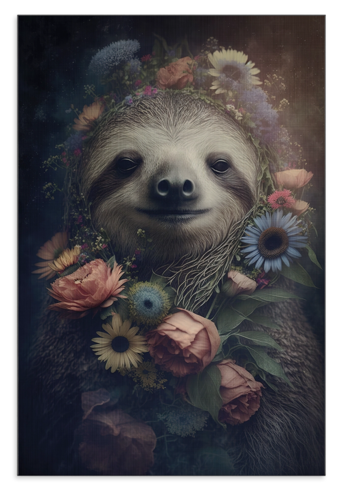 Aluminium Dibond schilderij Sloth: luiaard tussen roze en blauwe bloemen.